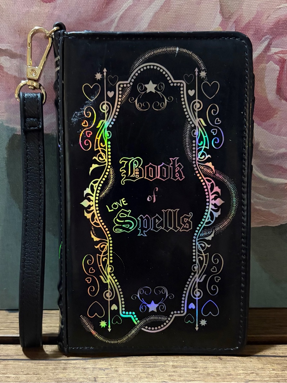 Betsey Johnson Book of Spells Wristlet Wallet - Black w/ Holographic Gold Design - Picture 3 of 8